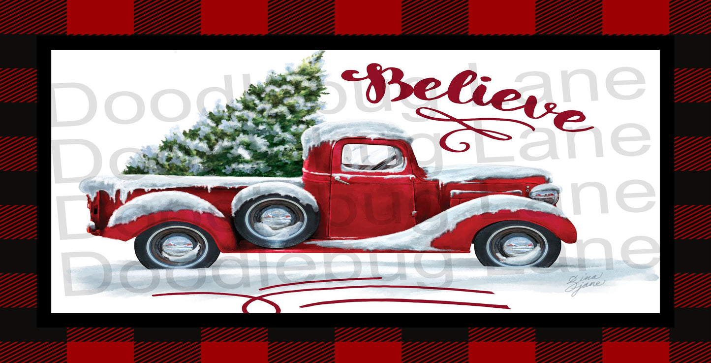 Winter Wreath Sign - Red Vintage Truck - Believe - Buffalo Plaid  - Metal Wreath Sign- Christmas Sign