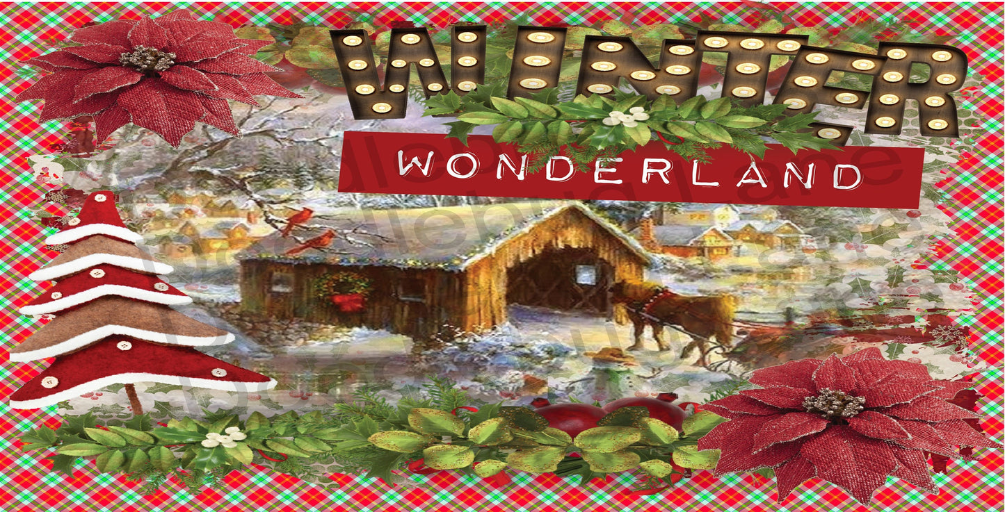 Metal Wreath Sign - Winter Wonderland - Christmas Sign - Poinsettia Flower - Covered Bridge - Horse Drawn Sled