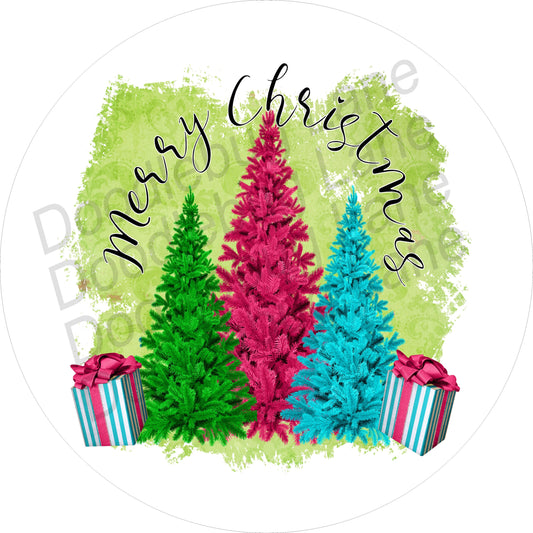 Christmas Wreath Sign - Metal Wreath Sign - Merry Christmas -Multi Colored Christmas Trees- Various Sizes