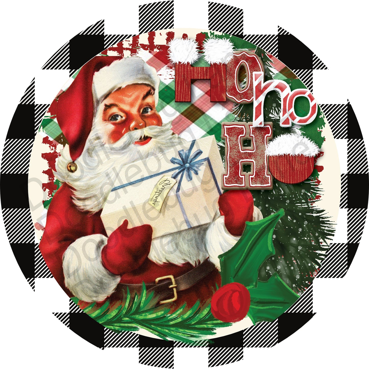 Santa Wreath Sign-Christmas Sign-Ho Ho Ho-Metal Wreath Sign-Round Sign-Black And White Buffalo Plaid