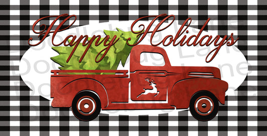 Christmas Wreath Sign-Christmas Truck-Buffalo Plaid-Happy Holidays-Metal Wreath Sign-Rectangle Sign