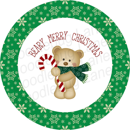 Christmas Wreath Sign - Beary Merry Christmas - Metal Wreath Sign - Round Sign