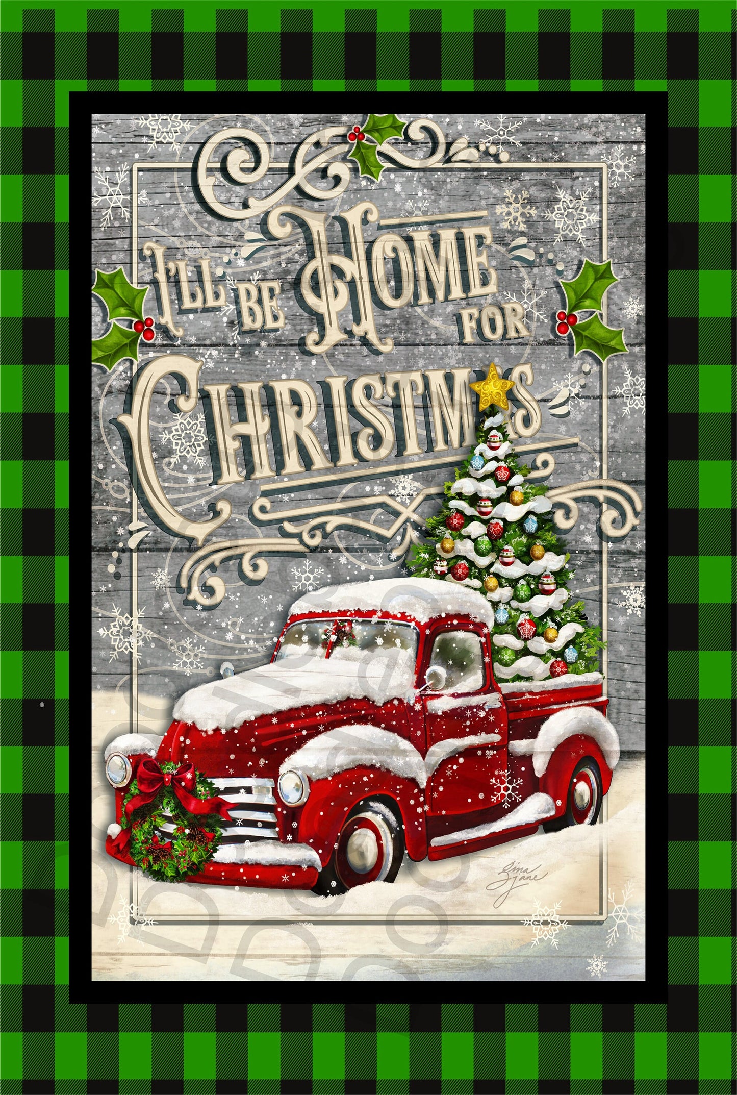 Christmas Wreath Sign- I'll Be Home For Christmas- Vintage Red Truck-Buffalo Plaid -Metal Wreath Sign- Rectangle Sign