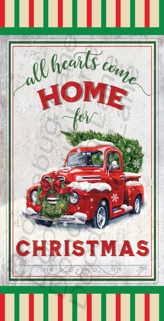 Christmas Wreath Sign-All Hearts Come Home For Christmas-Vintage Red Truck-Metal Wreath Sign-Rectangle Sign