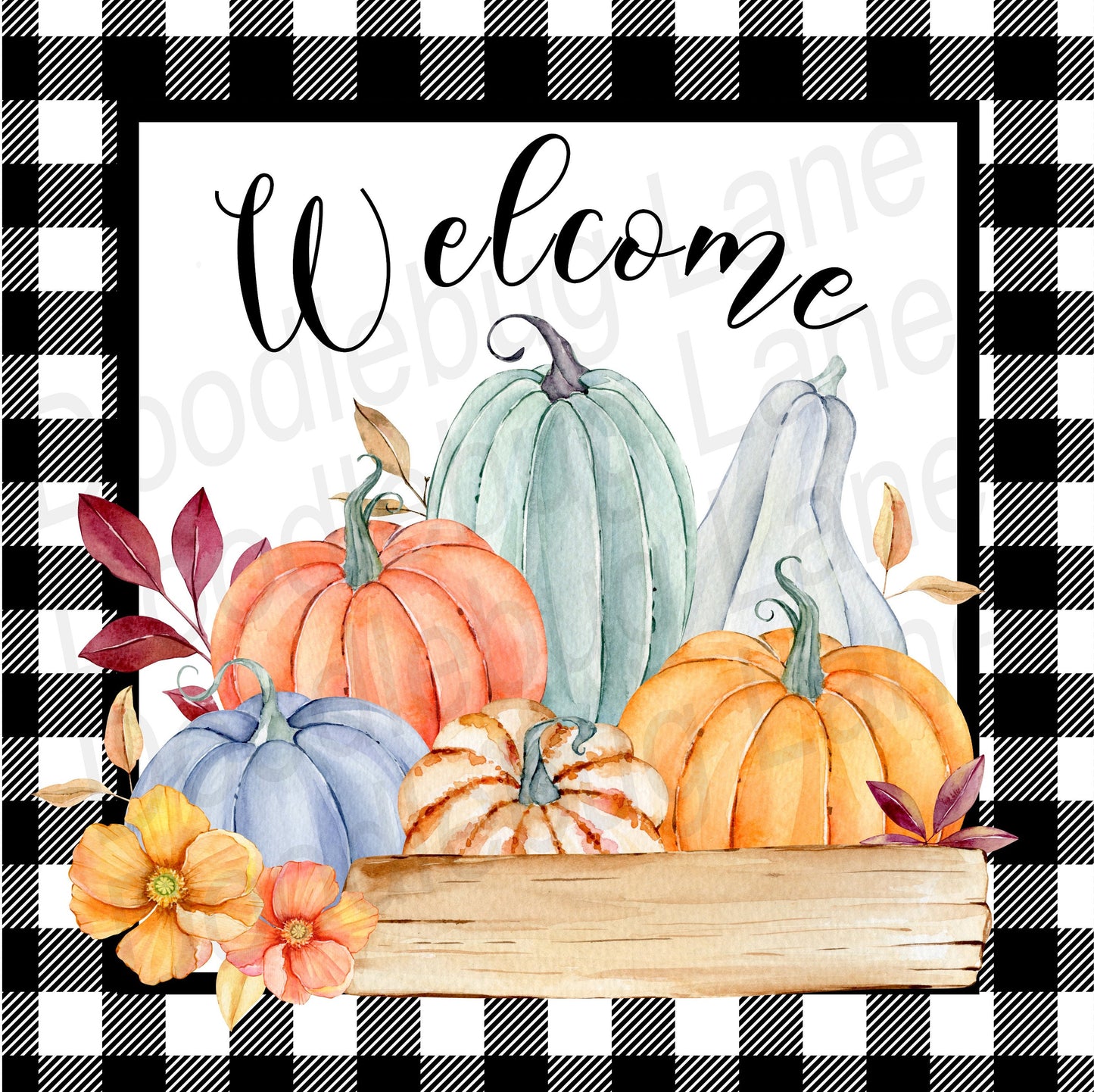 Fall Wreath Sign-Welcome Pumpkins-Metal Wreath Sign-Welcome Sign-Square Sign-Buffalo Plaid-Blue Pumpkins-Welcome Wreath