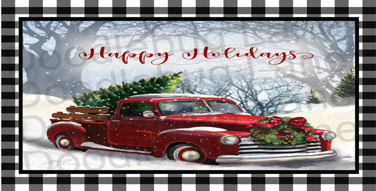 Happy Holidays Wreath Sign-Christmas Sign-Rectangle Sign-Vintage Red Truck-Metal Wreath Sign-Black And White Plaid