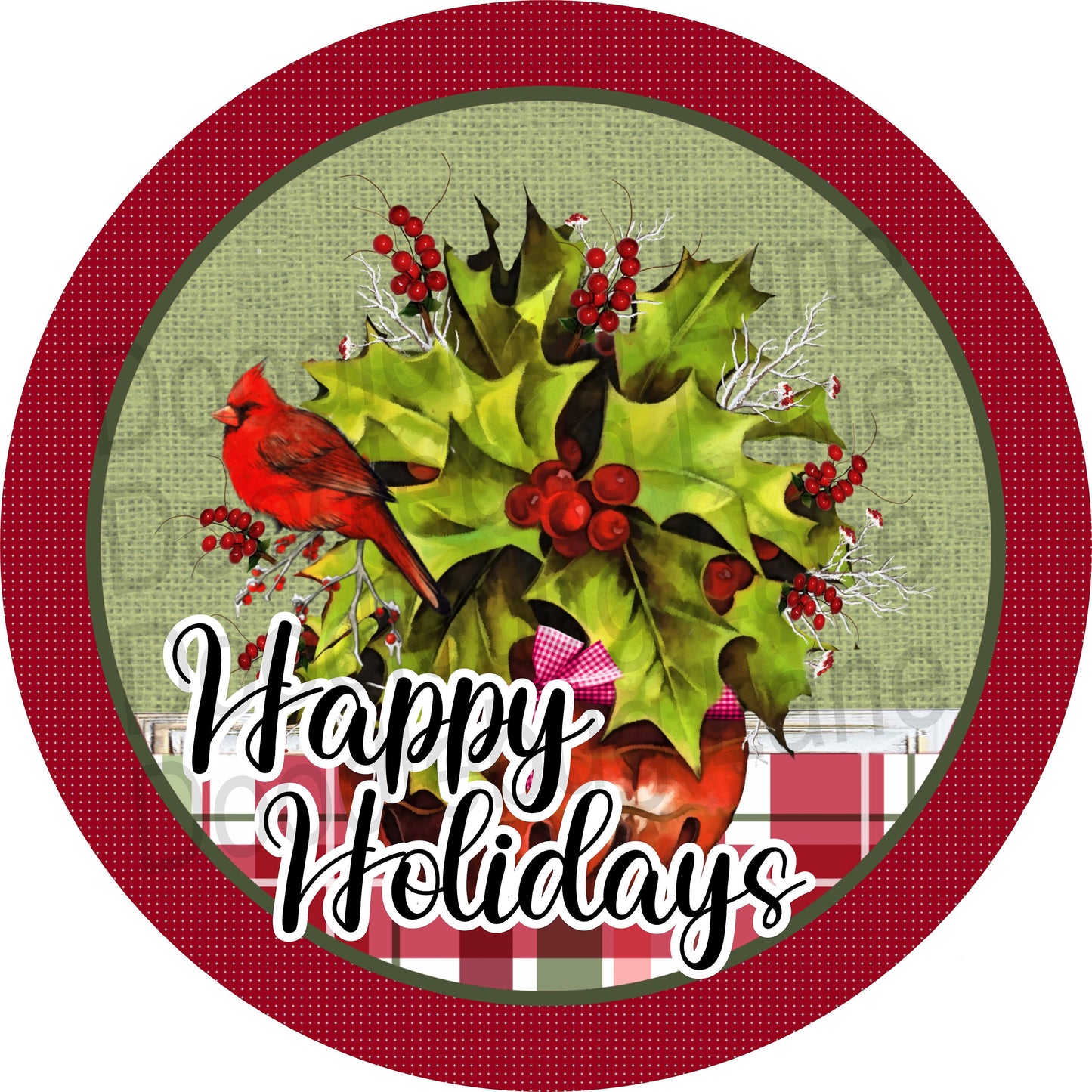 Christmas Sign-Christmas Floral Arrangement With Cardinal-Metal Wreath Sign-Happy Holidays Sign-Round Sign