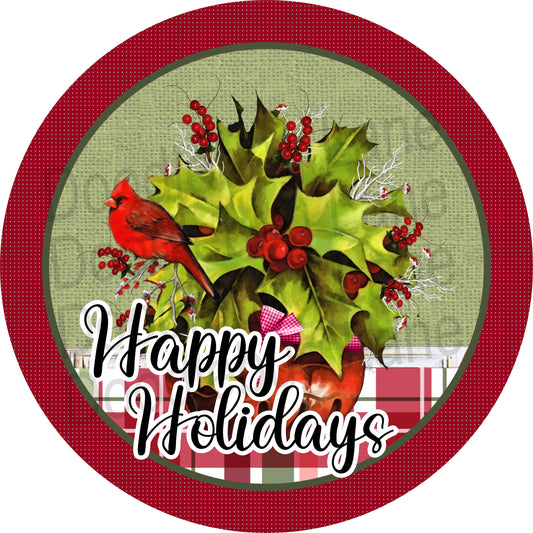 Christmas Sign-Christmas Floral Arrangement With Cardinal-Metal Wreath Sign-Happy Holidays Sign-Round Sign