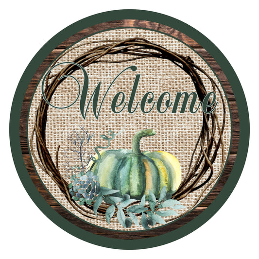 Welcome Sign-Gourds And Pumpkins-Fall Welcome Sign-Fall Wreath Sign-Grapevine Wreath-Metal Wreath Sign-Round Sign