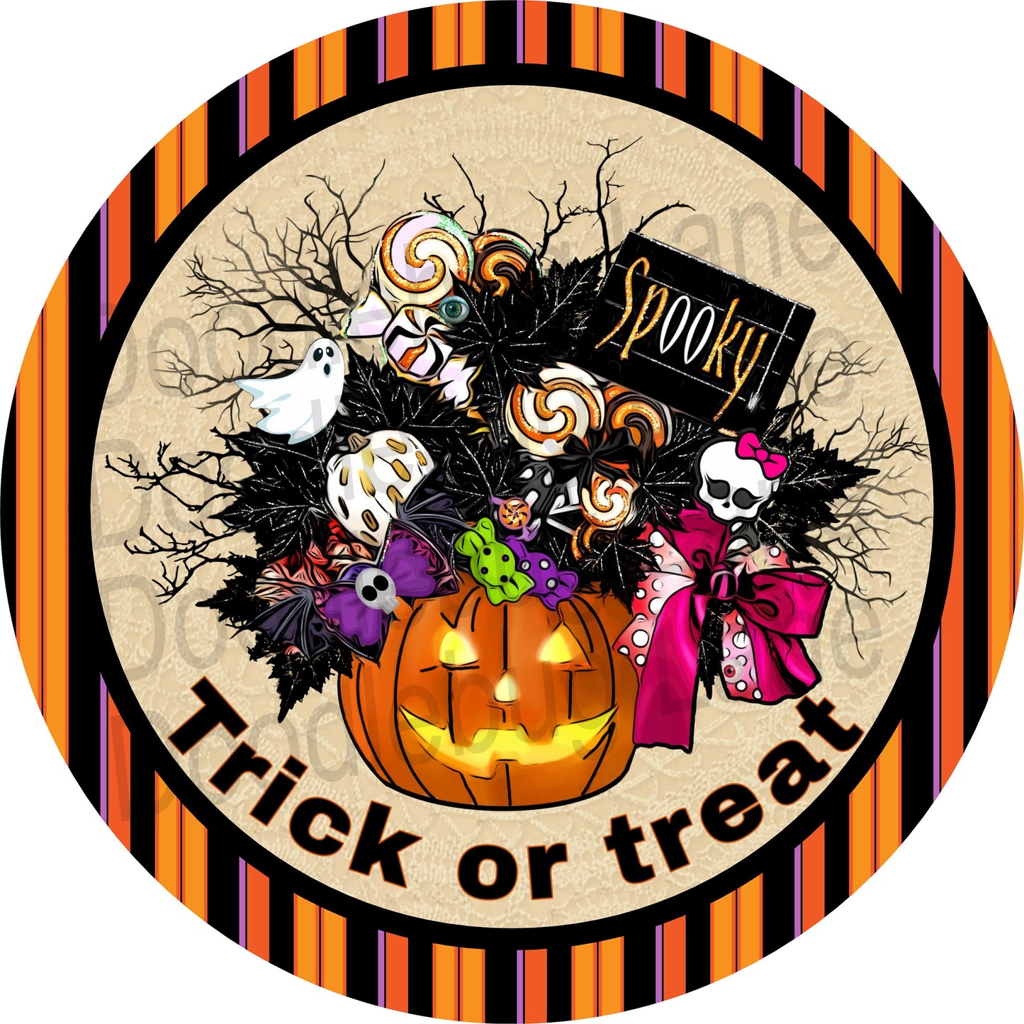 Halloween Wreath Sign-Trick or Treat-Jack O Lantern-Halloween Candy-Sugar Skull-Metal Wreath Sign