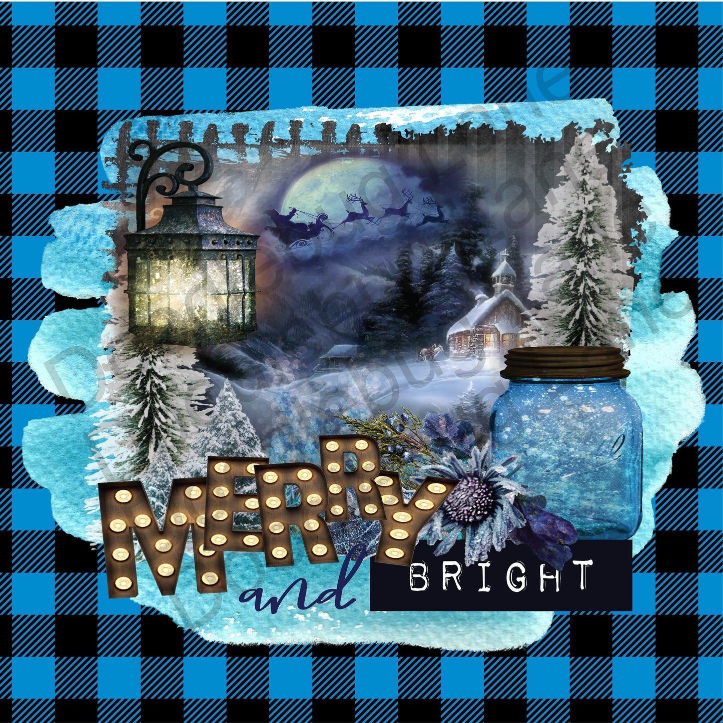 Christmas Wreath Sign - Metal Wreath Sign -Merry And Bright- Blue and Black Buffalo Plaid-Square Sign