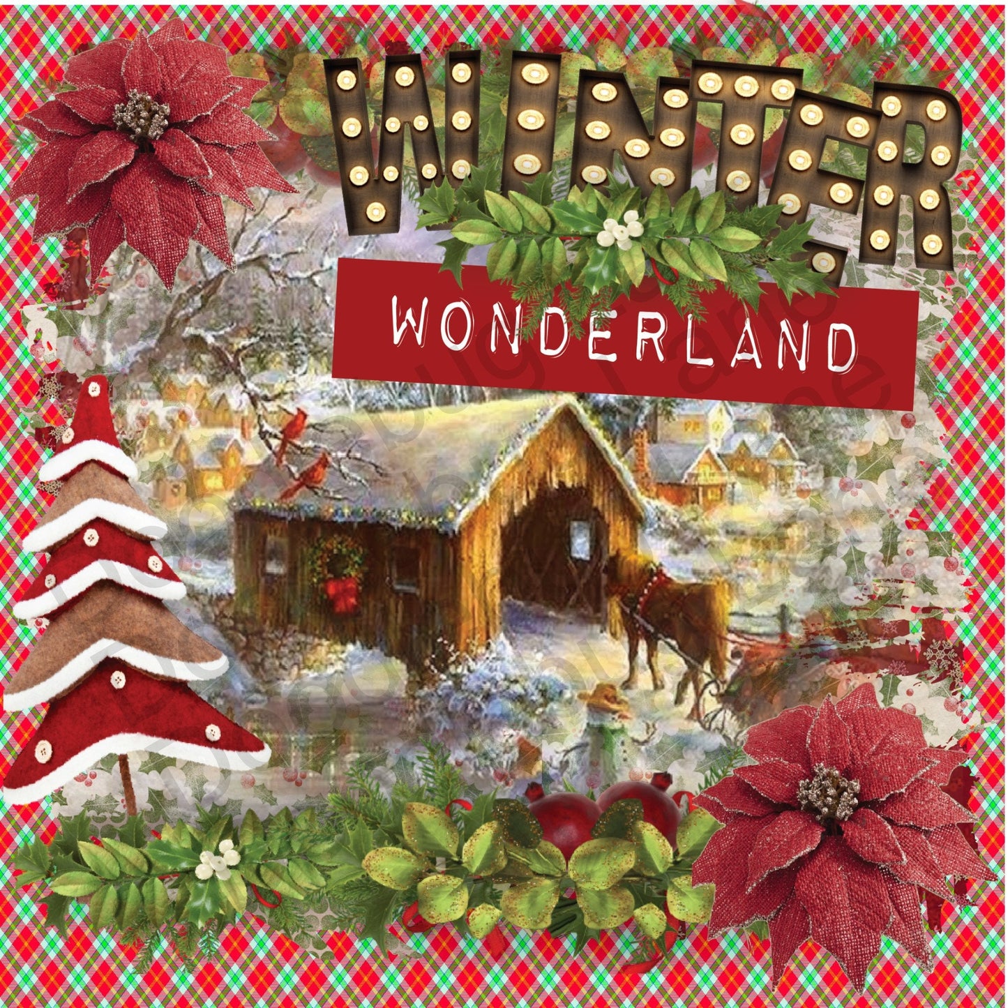 Metal Wreath Sign - Winter Wonderland - Christmas Sign - Poinsettia Flower - Covered Bridge - Horse Drawn Sled