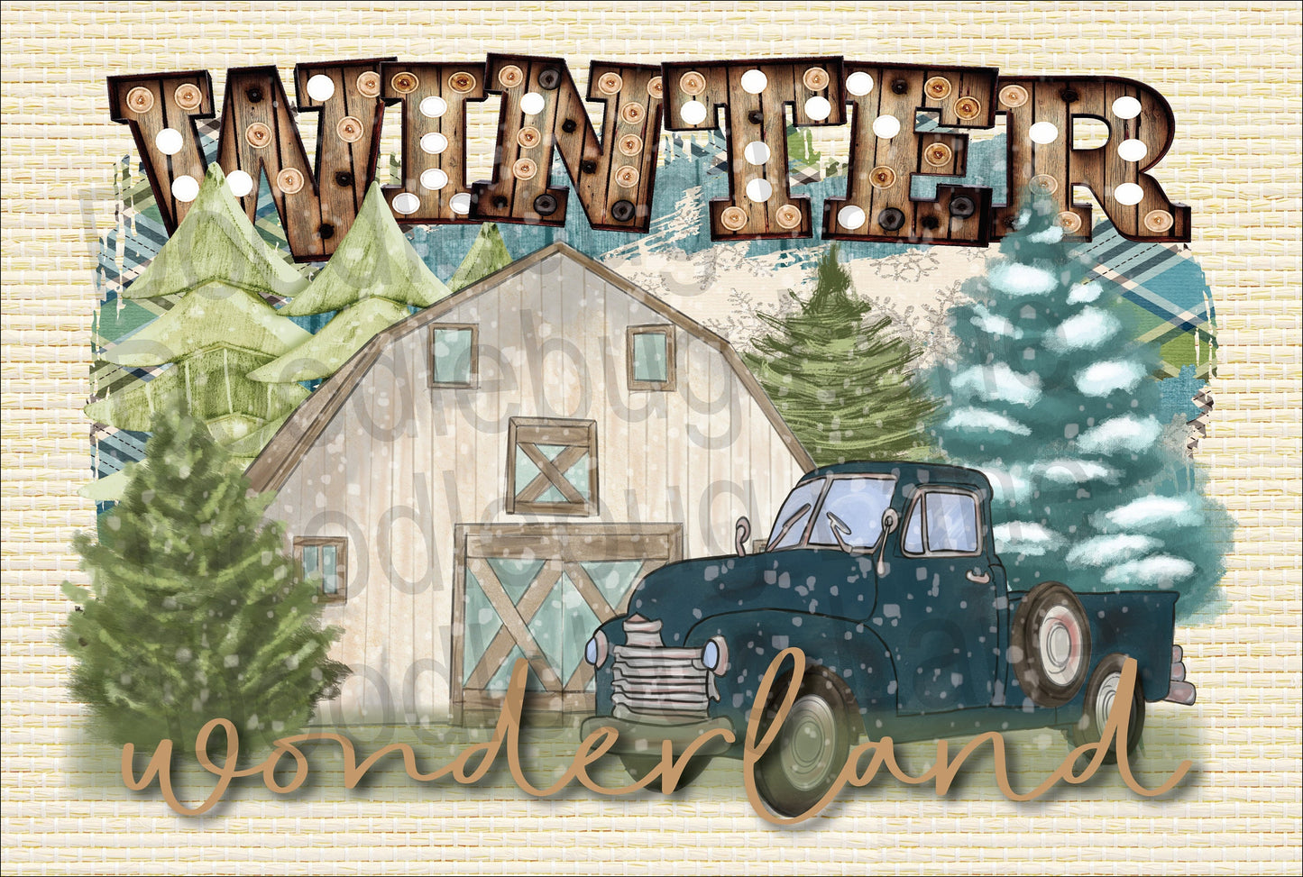 Winter Wonderland Wreath Sign-Vintage Truck Sign-Metal Wreath Sign-Rectangle Sign-Barn Scenery- Blue Christmas Truck