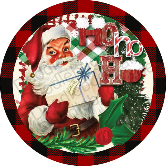 Christmas Sign-Santa Claus Sign-Ho Ho Ho-Buffalo Plaid-Santa Christmas Sign-Round Sign-Metal Wreath Sign