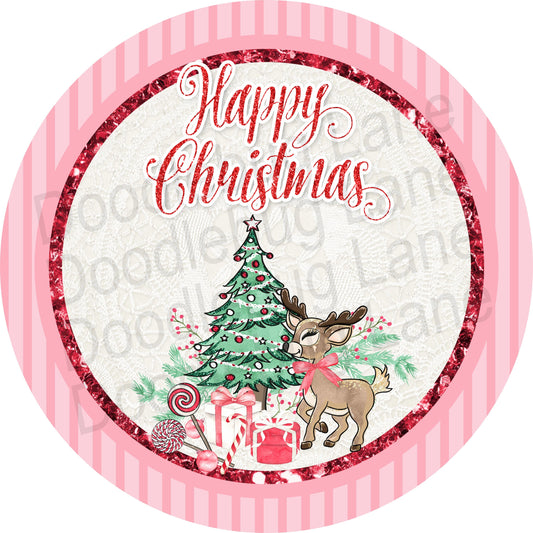 Christmas Wreath Sign-Happy Christmas-Pink Christmas-Round Sign-Metal Wreath Sign