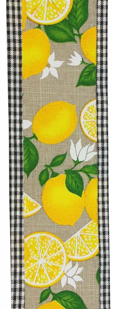 2.5" X 10 Yards Lemon With Leaves And Gingham Edge Ribbon-Lemon Slices-Whole Lemons-Black White Gingham-RGA817018