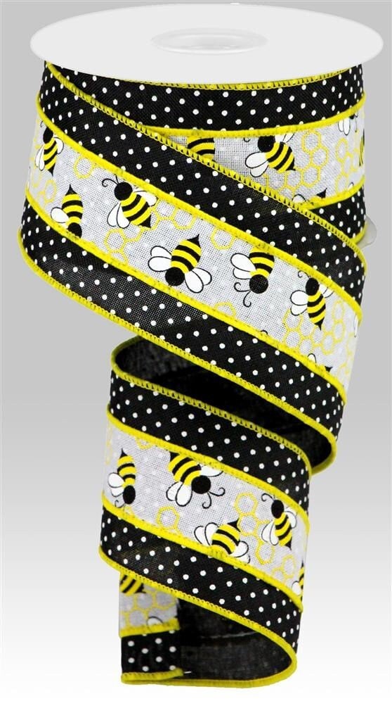 2.5" X 10 Yards 2 in 1 Bumble Bees / Swiss Dots - Bee Ribbon - Spring Ribbon - Black And Yellow - Wired Ribbon