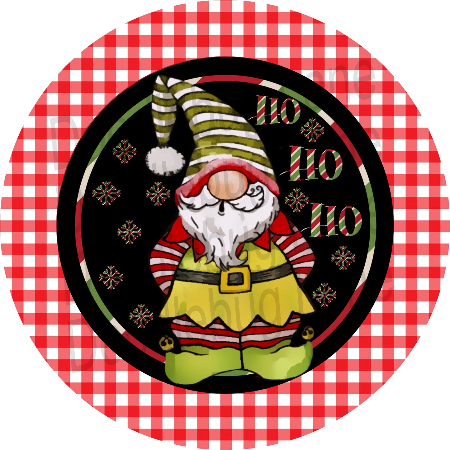 Christmas Gnome Wreath Sign-Ho Ho Ho-Red And White Gingham-Gnome Elf-Round Sign-Metal Wreath Sign