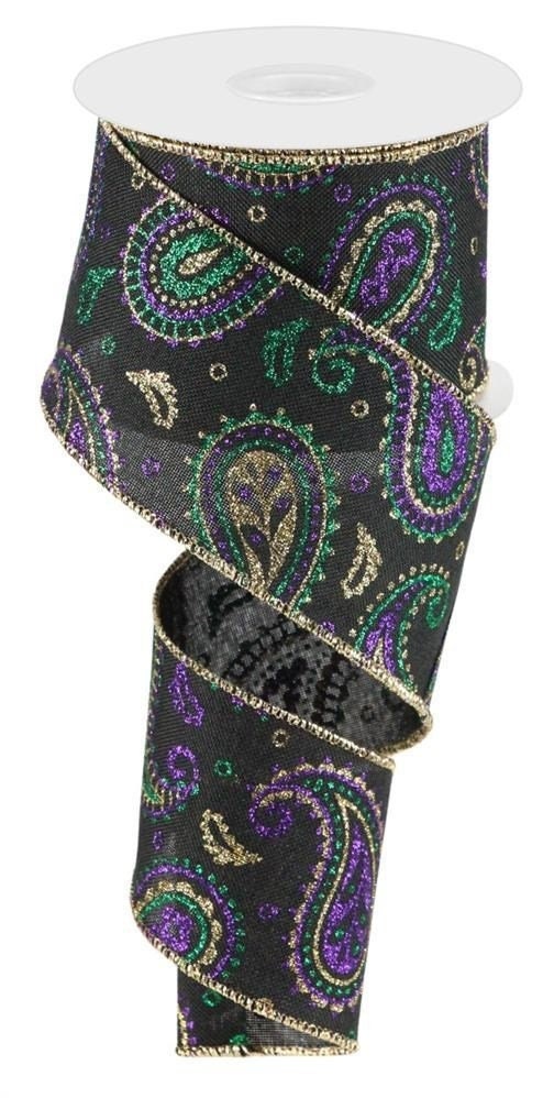 2.5" x 10 Yards Paisley On Royal Ribbon - Mardi Gras Ribbon-Wired Ribbon-Purple Green And Gold Ribbon-Glitter Ribbon