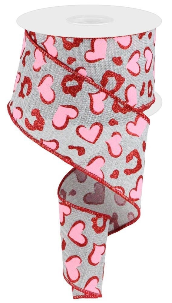 2.5"x10 Yds Heart Leopard Spots Ribbon-Heart Ribbon-Leopard Print Heart-Red Glitter-Valentines Day Ribbon-Wired Ribbon