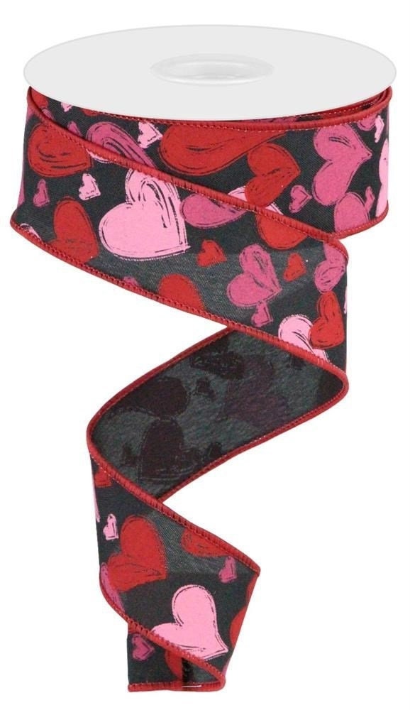 1.5" X 10 Yards Hand Drawn Hearts Ribbon-Wired Ribbon-Ribbon For Valentines-Red And Pink Hearts-Heart Ribbon