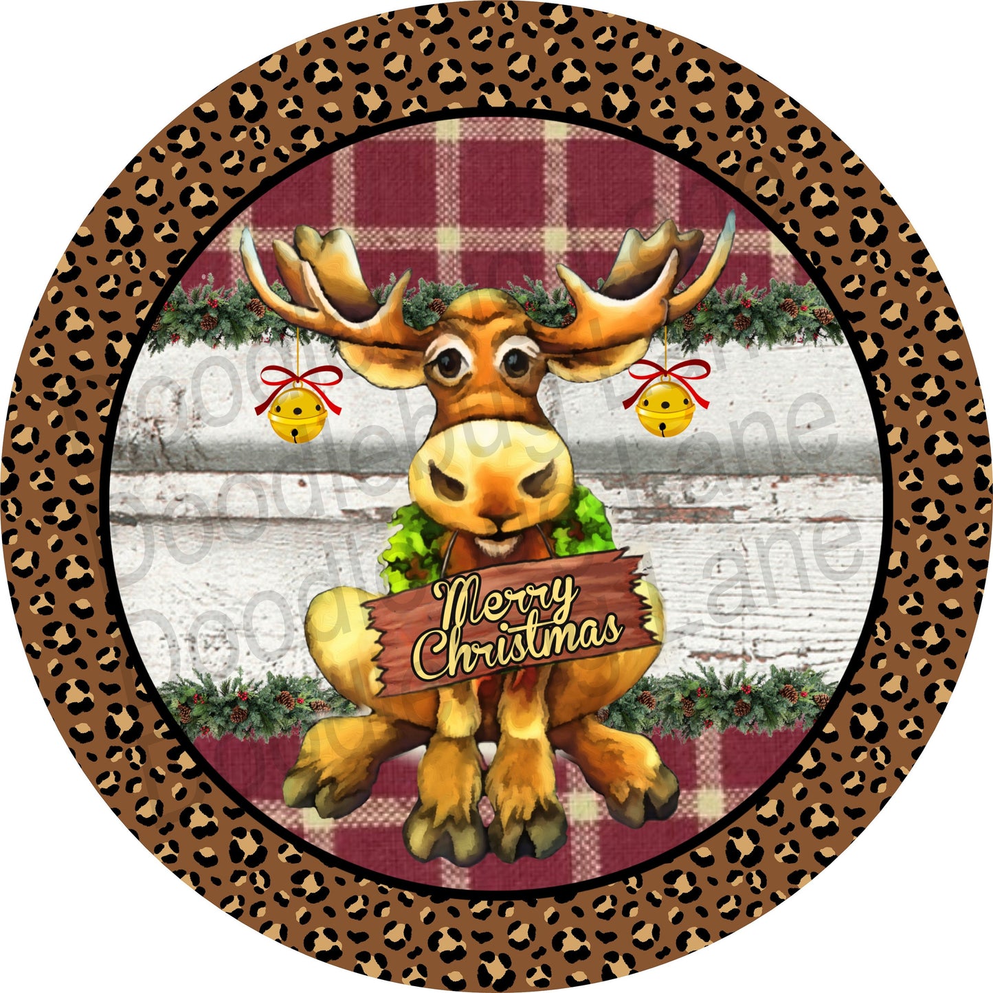 Christmas Wreath Sign-Christmas Moose-Merry Christmas-Metal Wreath Sign-Round Sign-Leopard Print-Jingle Bells