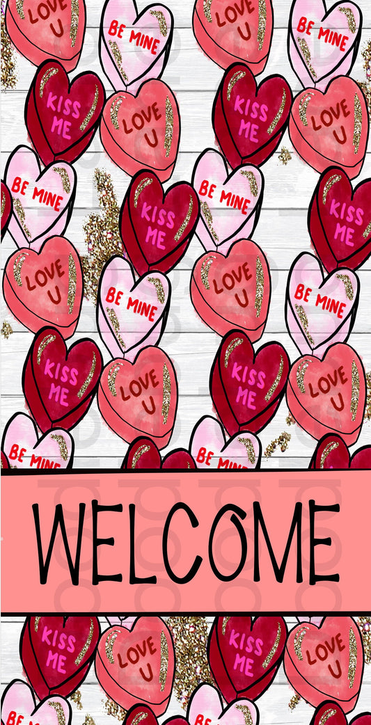 Valentines Day Wreath Sign-Candy Hearts-Welcome Valentine Sign-Metal Wreath Sign-Rectangle Sign-Welcome Sign