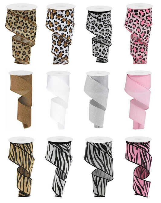 2.5" x 10 Yards Animal Print Ribbon Assortment-Wired Ribbon-Leopard Print-Zebra Print-12 Roll Assortment