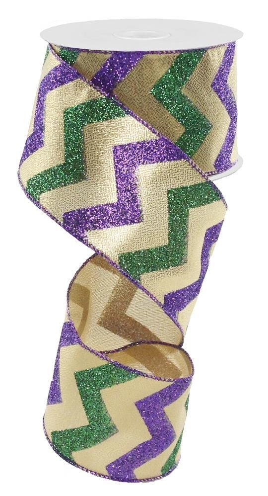 2.5" X 10 Yards Mardi Gras Chevron-Mardi Gras Ribbon-Purple and Green Glitter-RG01621-Wired Ribbon-Mardi Gras Decor