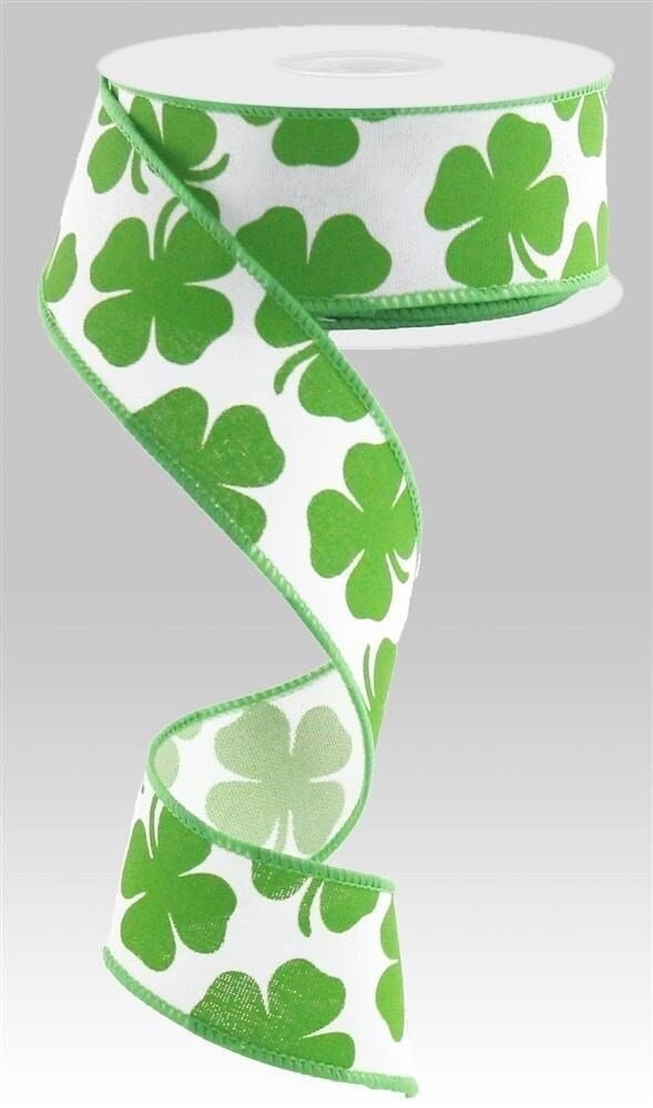 1.5" x 10 Yards Shamrock On Royal - Wired Ribbon - St. Patricks Day Ribbon - Four Leaf Clover - RG0164327