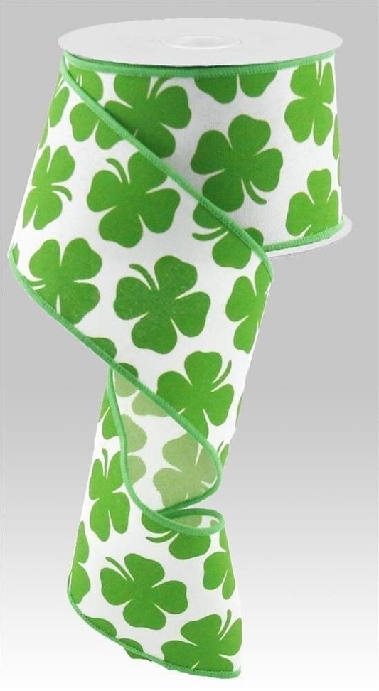 2.5" X 10 Yards Shamrock On Royal Ribbon - Wired Ribbon- St. Patricks Day Ribbon - Four Leaf Clover - Shamrock Ribbon