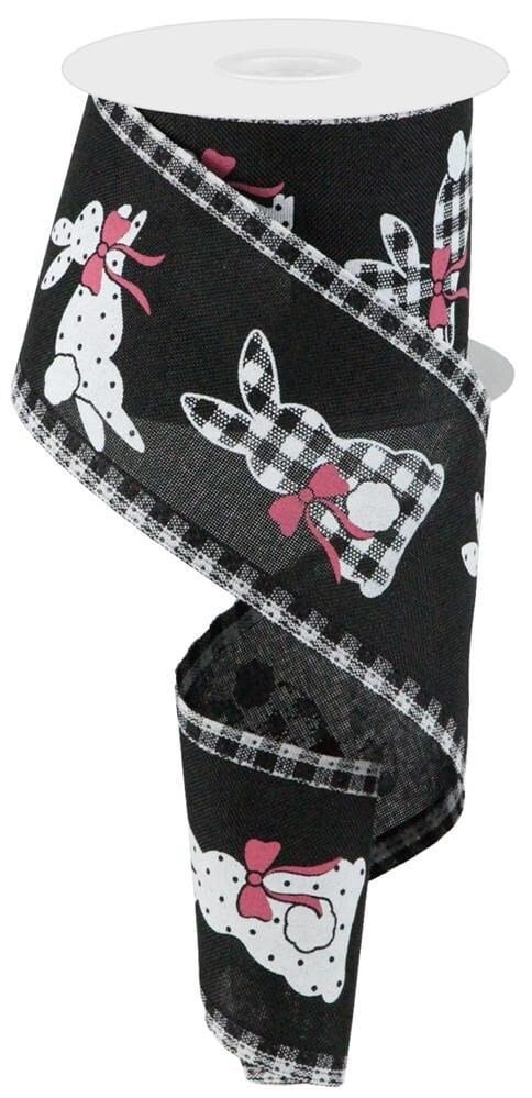 2.5" X 10 Yards Bunnies On Royal/Gingham - Wired Ribbon - Easter Ribbon - Easter Bunny - Black, White And Pink