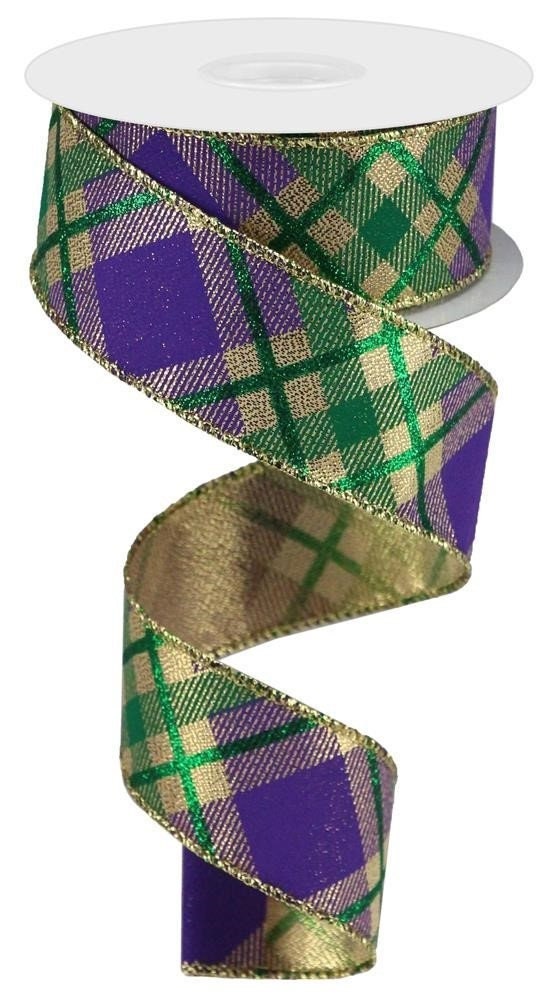 1.5" x 10 Yards Glitter Plaid On Metallic - Wired Ribbon -Mardi Gras Ribbon-Purple Green And Gold Ribbon - Mardi Gras