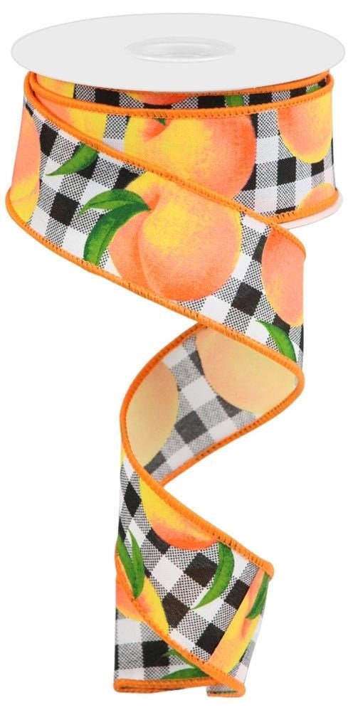 1.5" x 10 Yards Peaches On Gingham-Wired Ribbon-Peach Ribbon-Summer Ribbon-Fruit Ribbon-Black And White Gingham