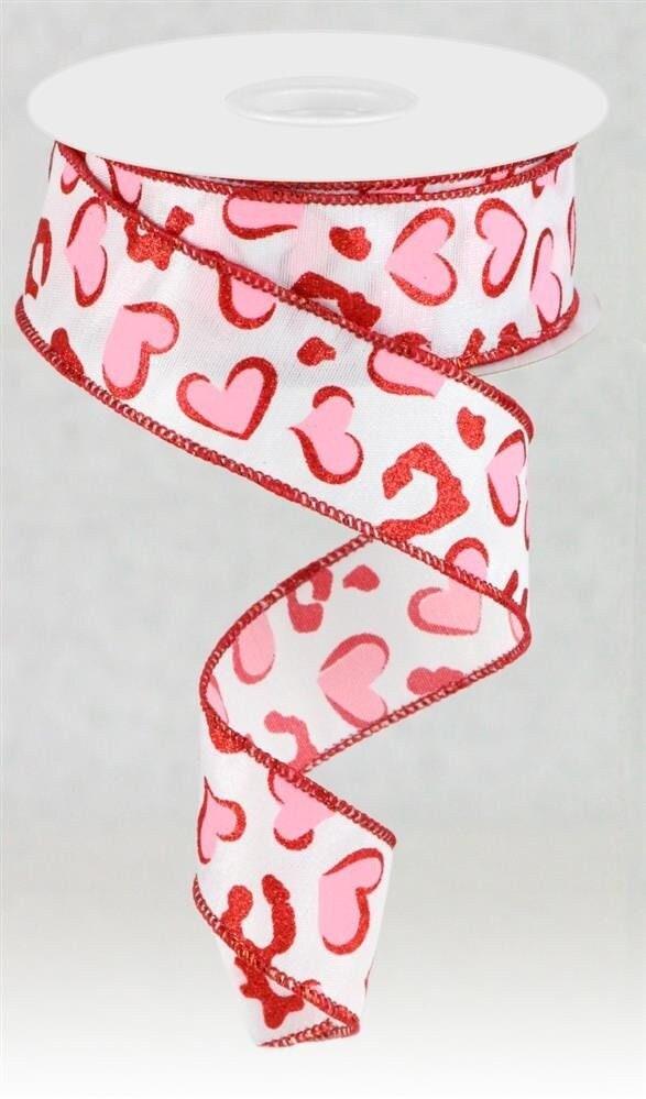 1.5"x10 Yards Heart Leopard Spots Ribbon-Wired Ribbon-Valentines Day Ribbon-Red Glitter-Heart Ribbon-Pink Hearts