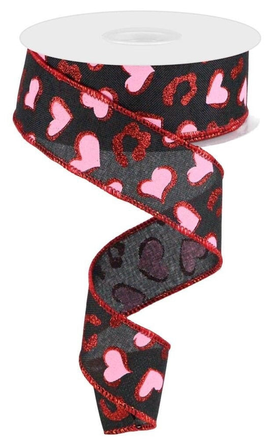 1.5" x 10 Yards Heart Leopard Spots - Wired Ribbon-Valentines Day Ribbon-Leopard Print Heart-Red Glitter-Heart Ribbon