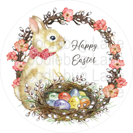 Easter Wreath Sign-Easter Bunny-Happy Easter-Metal Wreath Sign-Round Sign-Grapevine Wreath-Easter Eggs