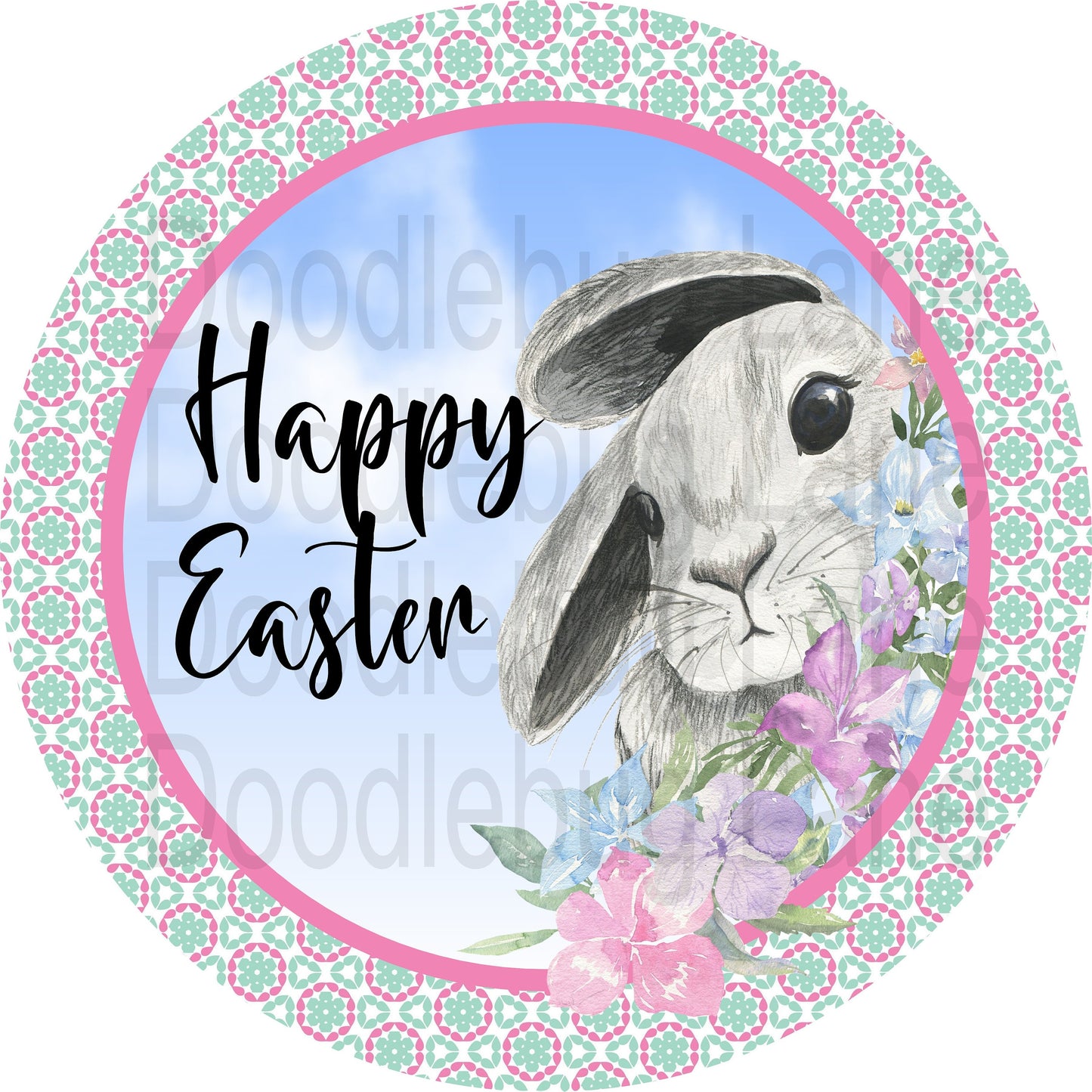 Easter Wreath Sign-Peeking Bunny-Pastel Blue and Pink Flowers-Happy Easter-Easter Bunny-Metal Wreath Sign