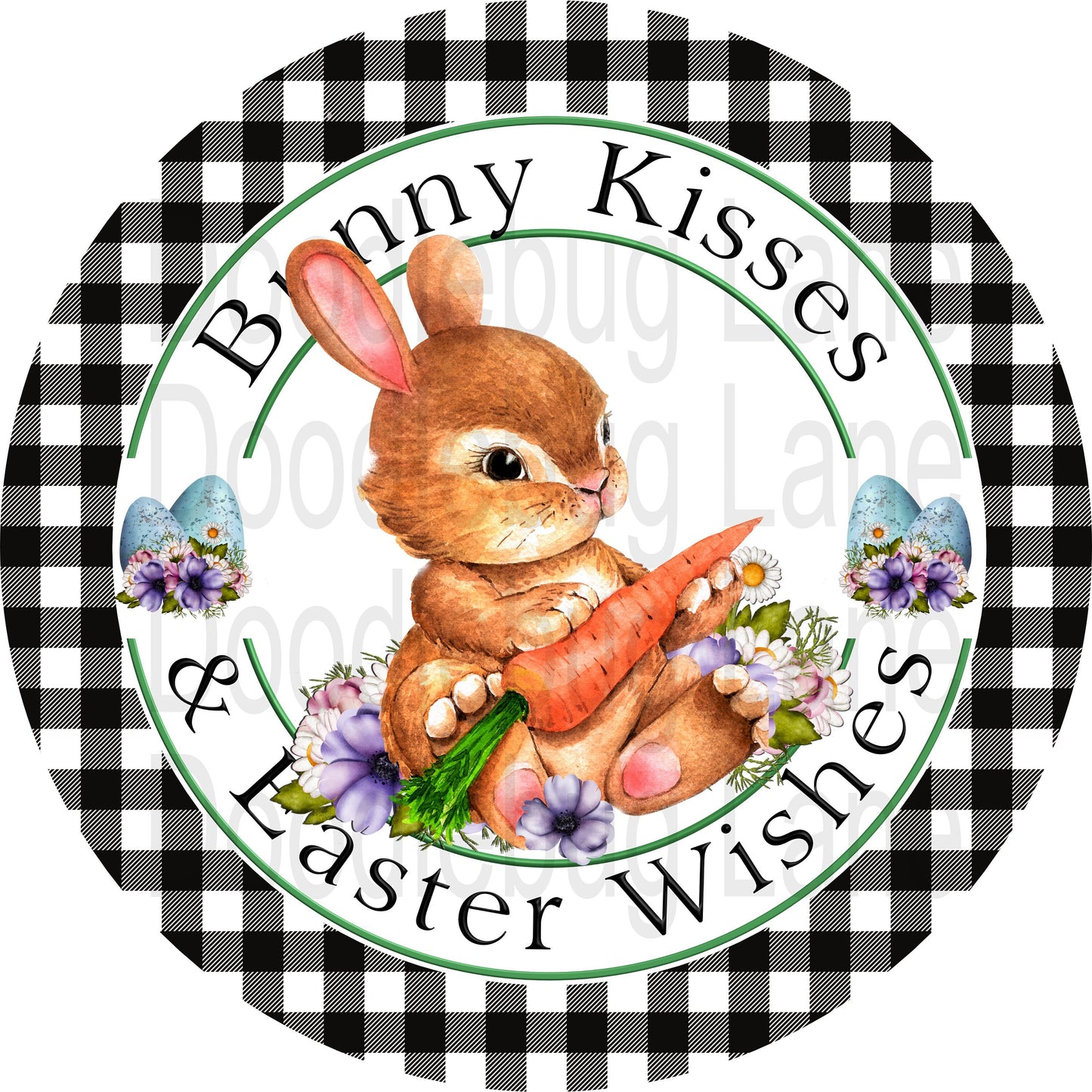 Easter Wreath Sign-Bunny Kisses-Easter Wishes-Easter Bunny-Metal Wreath Sign-Black And White Buffalo Plaid