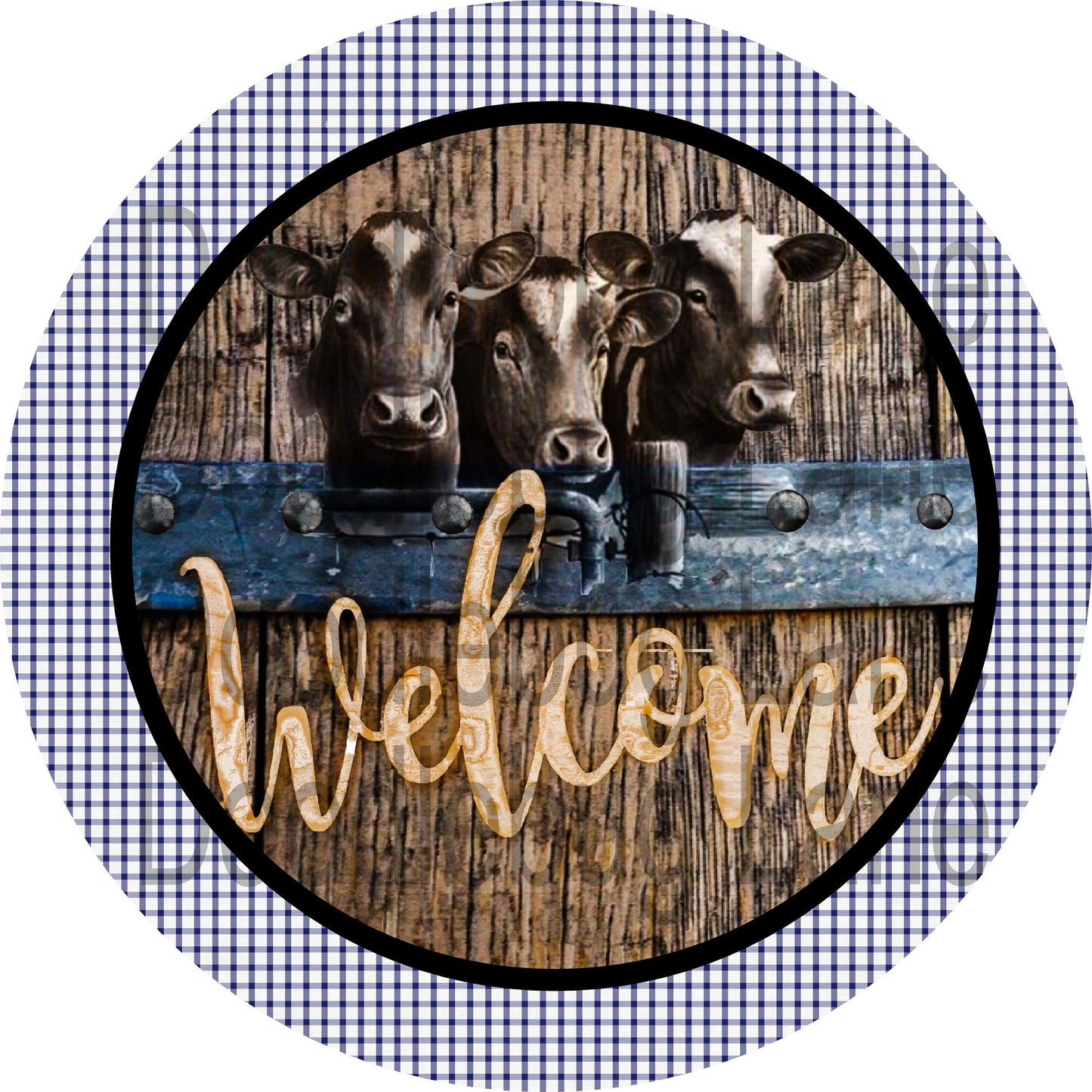 Welcome Wreath Sign-Farmhouse Sign-Cow Trio Sign-Metal Wreath Sign-Round Sign