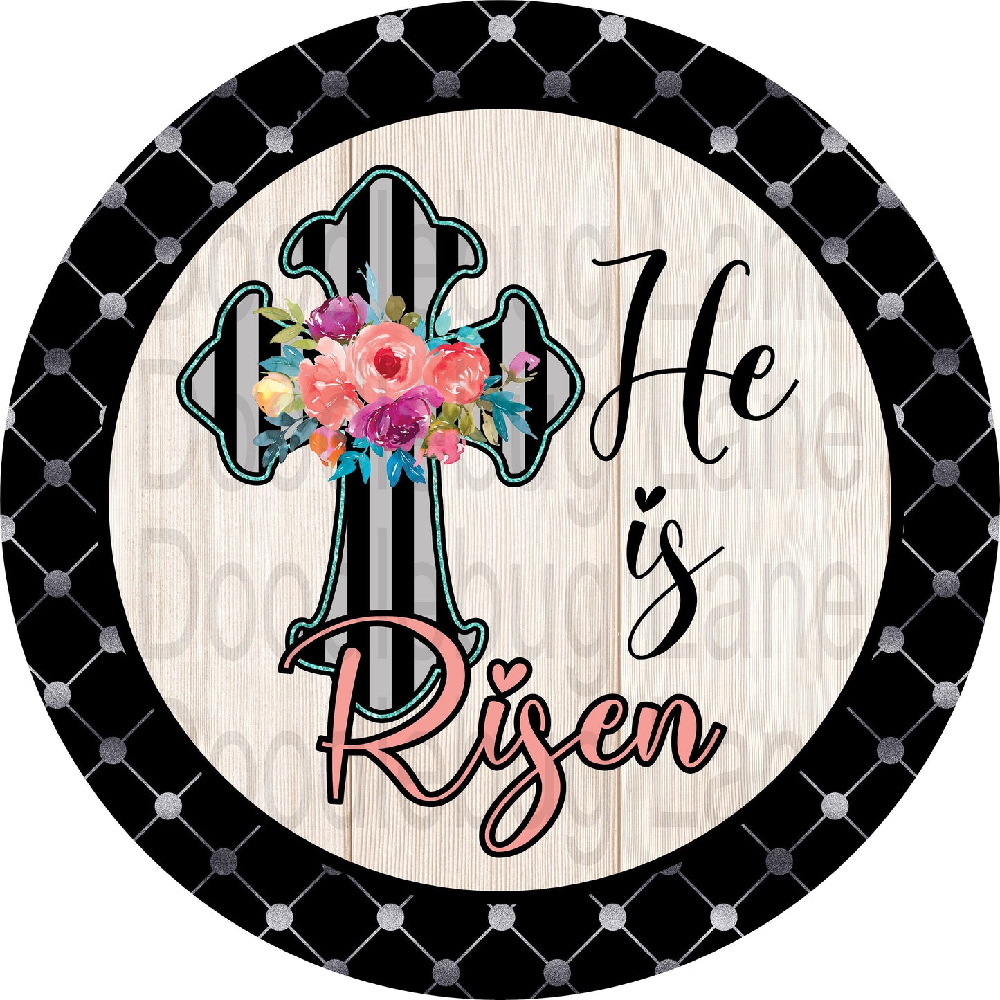 Easter Wreath Sign-He Is Risen Black Striped Cross-Large Round Sign-Metal Wreath Sign