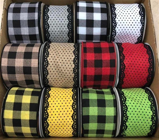 2.5" x 10 Yards Wired Ribbon Assortment-Swiss Dot & Check Ribbon-Assorted Box Of 12-RW8007