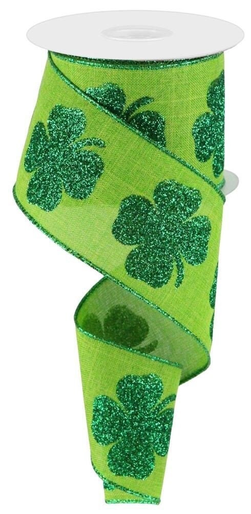 2.5" X 10 Yards St. Patricks Day Ribbon-Wired Ribbon-Bold Clover Print On Royal-Green Glitter-RG01661LT