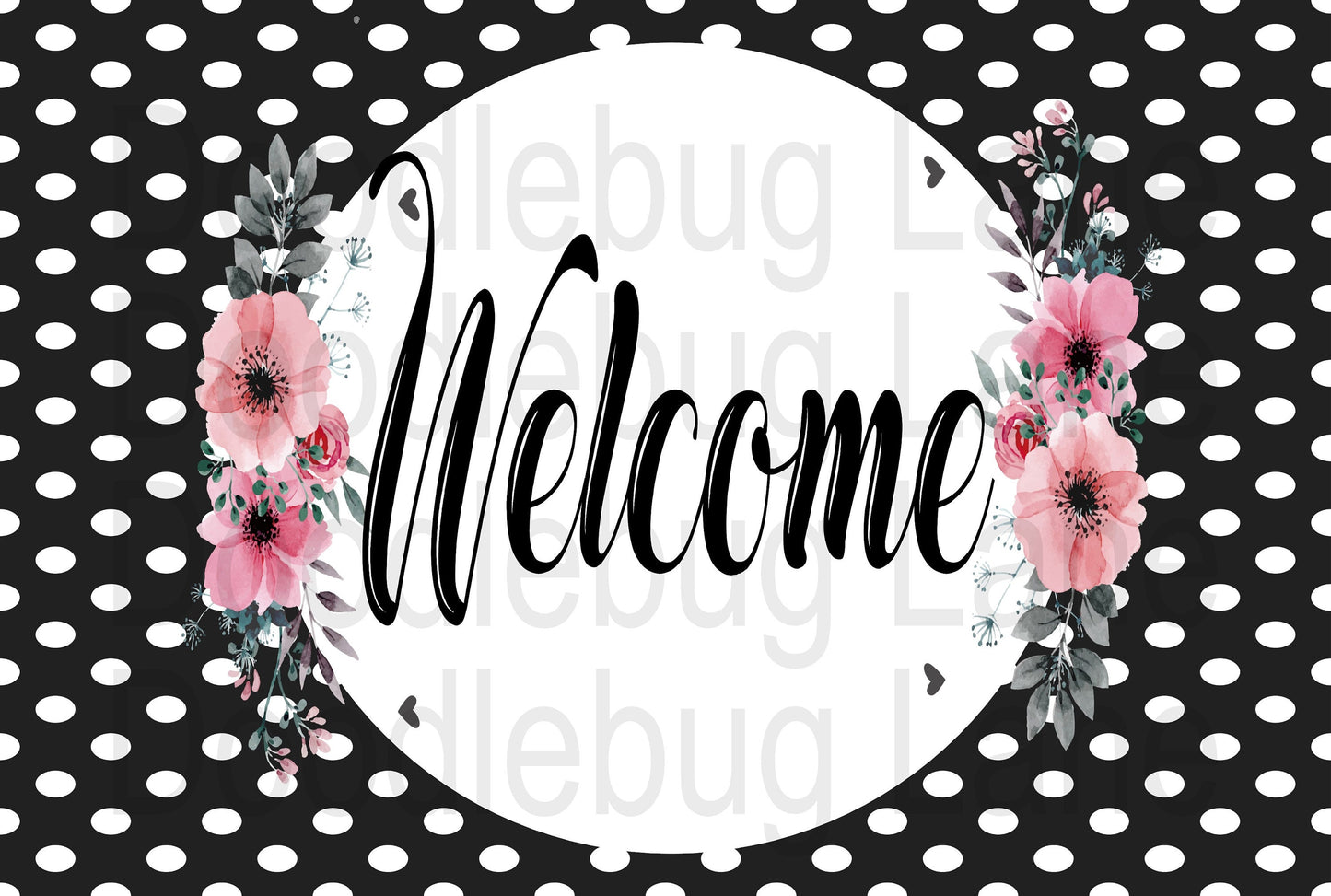 Welcome Wreath Sign-Metal Wreath Sign- Welcome Sign With Flowers-Black and White- Polka Dots-Rectangle Sign