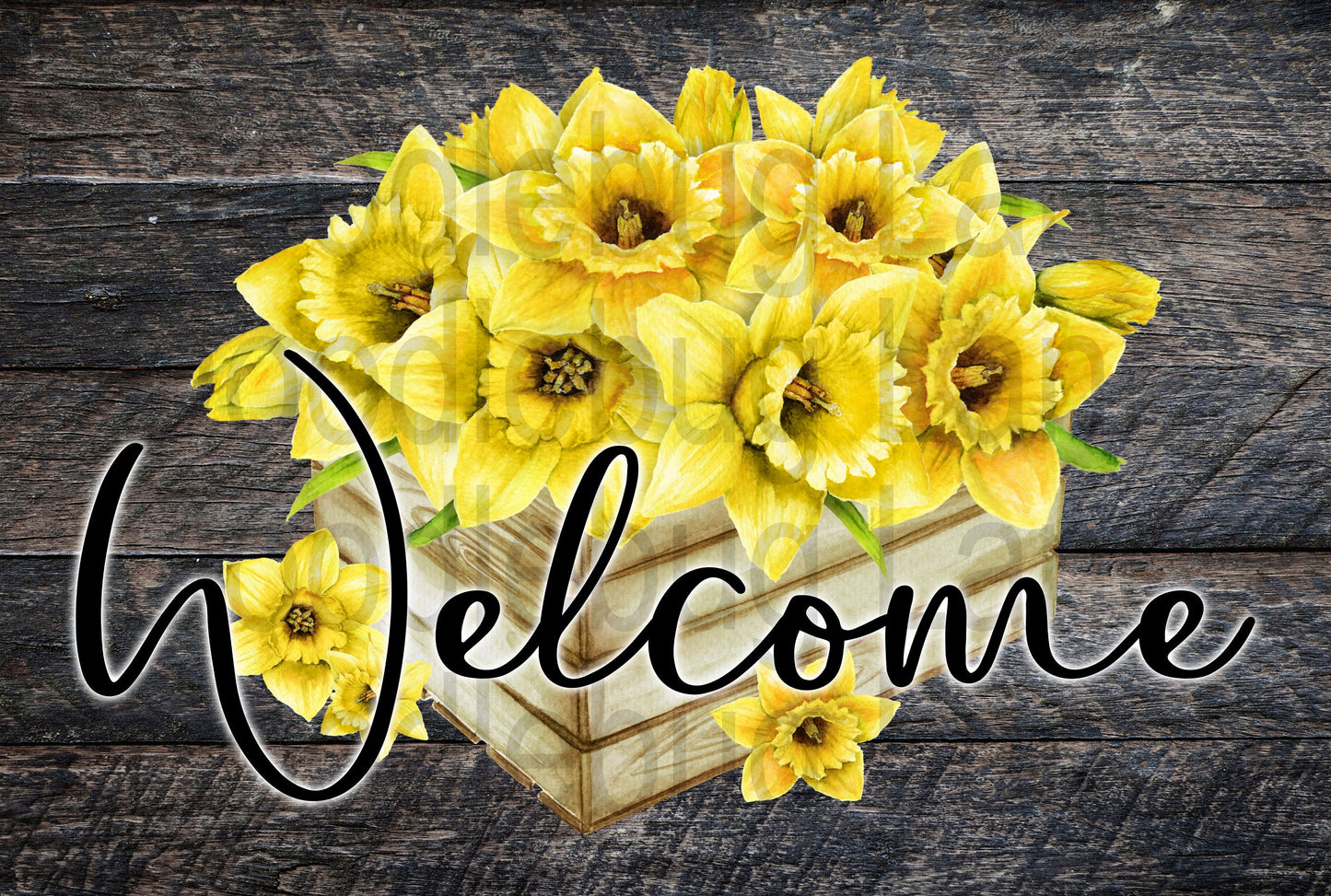 Welcome Wreath Sign-Spring Welcome Sign-Spring Daffodil-Yellow Flowers-Wooden Crate-Rectangle Sign- Metal Wreath Sign