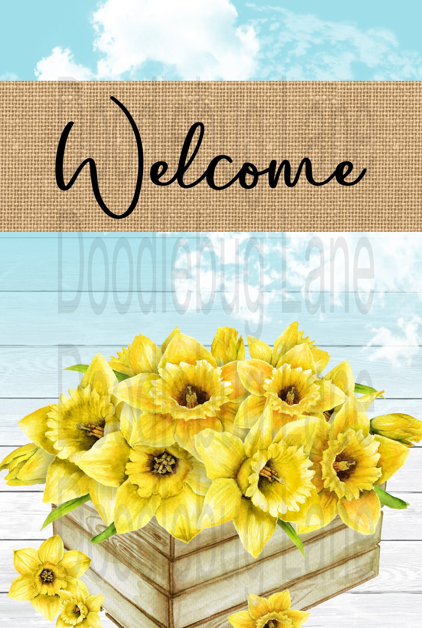 Welcome Wreath Sign-Spring Daffodil-Spring Welcome Sign-Yellow Daffodil-Wood Crate-Rectangle Sign-Burlap Banner