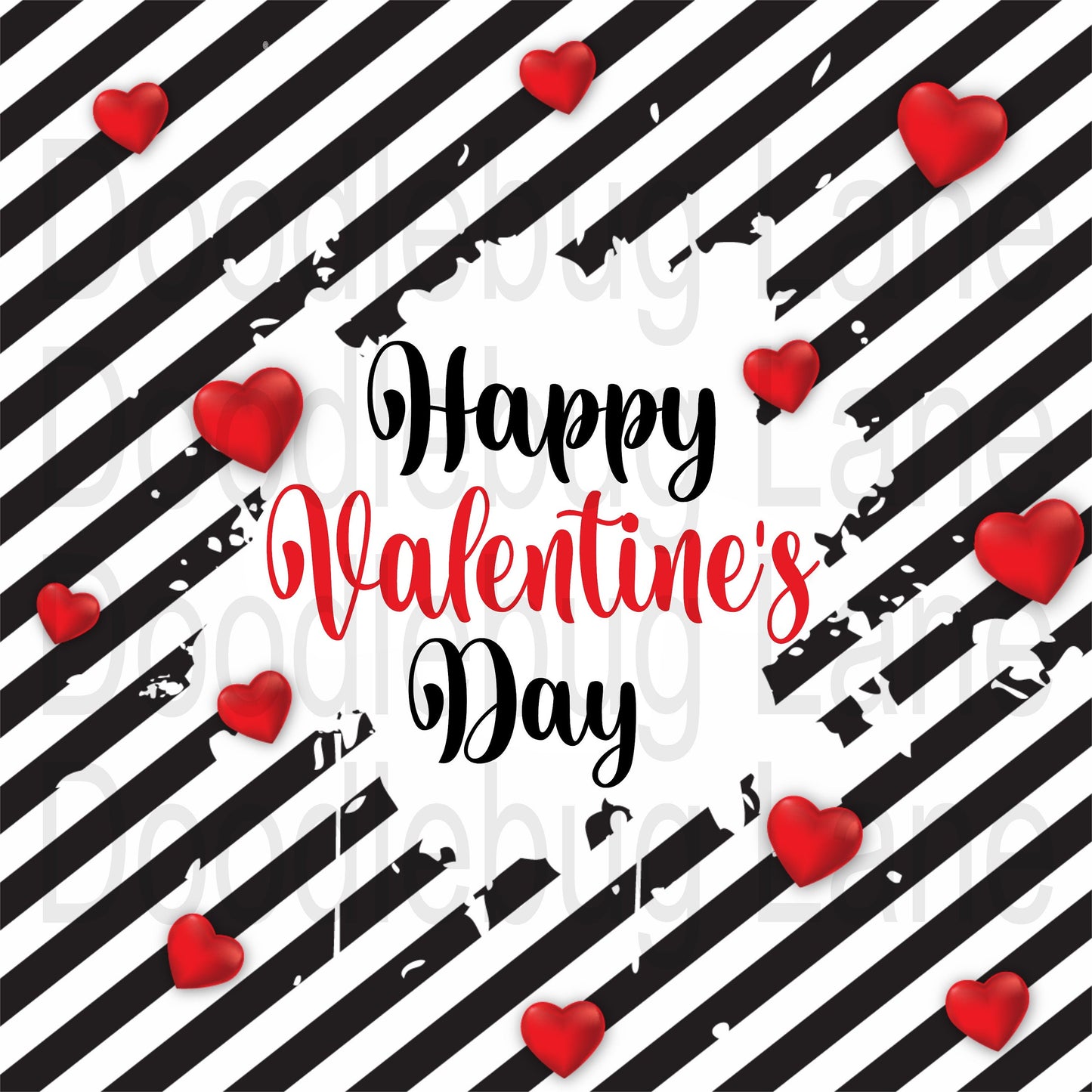 Valentines Day Sign-Happy Valentines Day-Black And White Diagonal Stripes-Red Hearts-Square Sign-Metal Wreath Sign