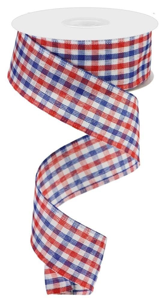 1.5" X 10 Yard Wired Ribbon-Woven Gingham Chech-Red White And Blue-Patriotic Ribbon-RGA1102A1