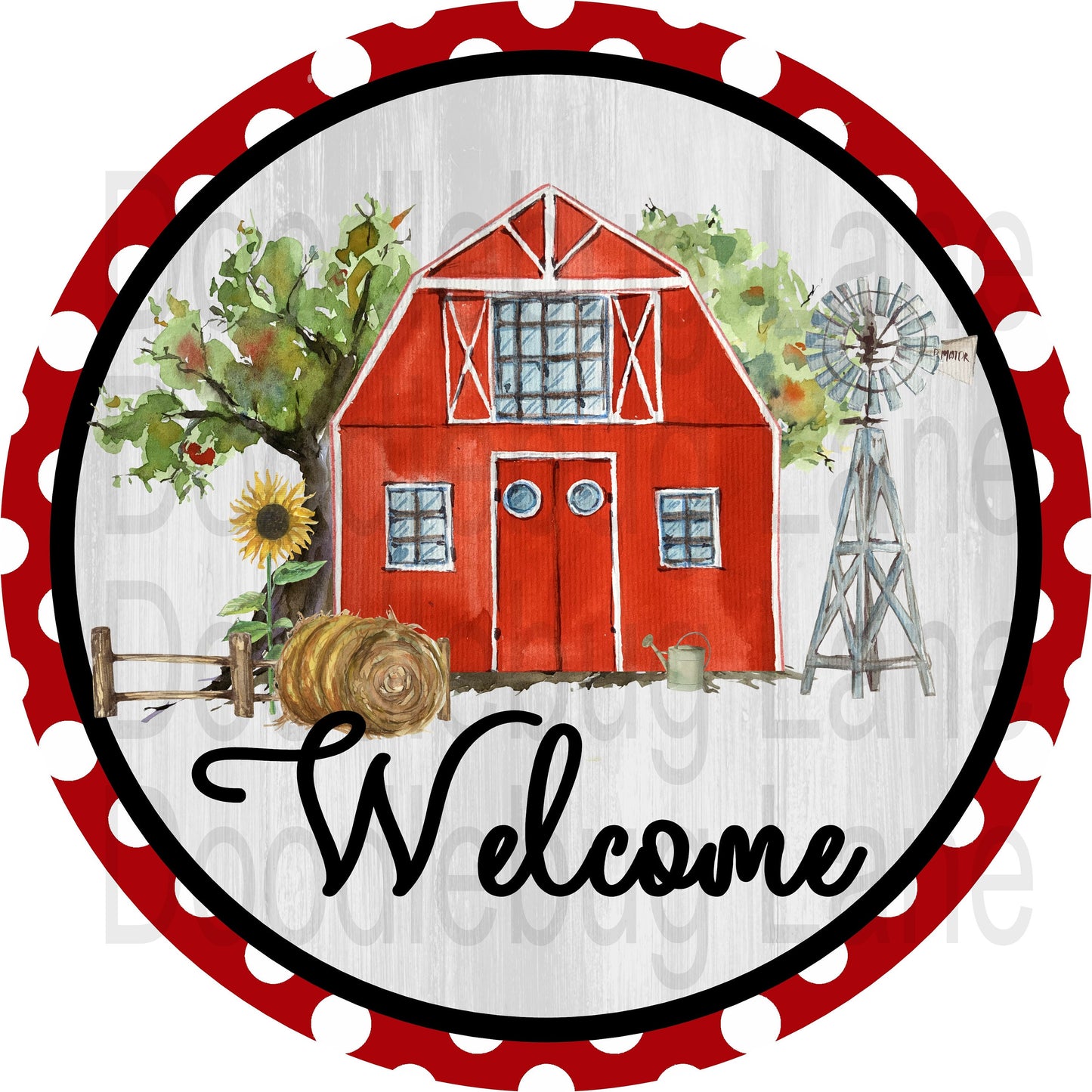 Welcome Farmhouse Sign-Farmhouse Wreath Sign- Farm Scene- Metal Wreath Sign-Red Barn-Windmill-Round Sign