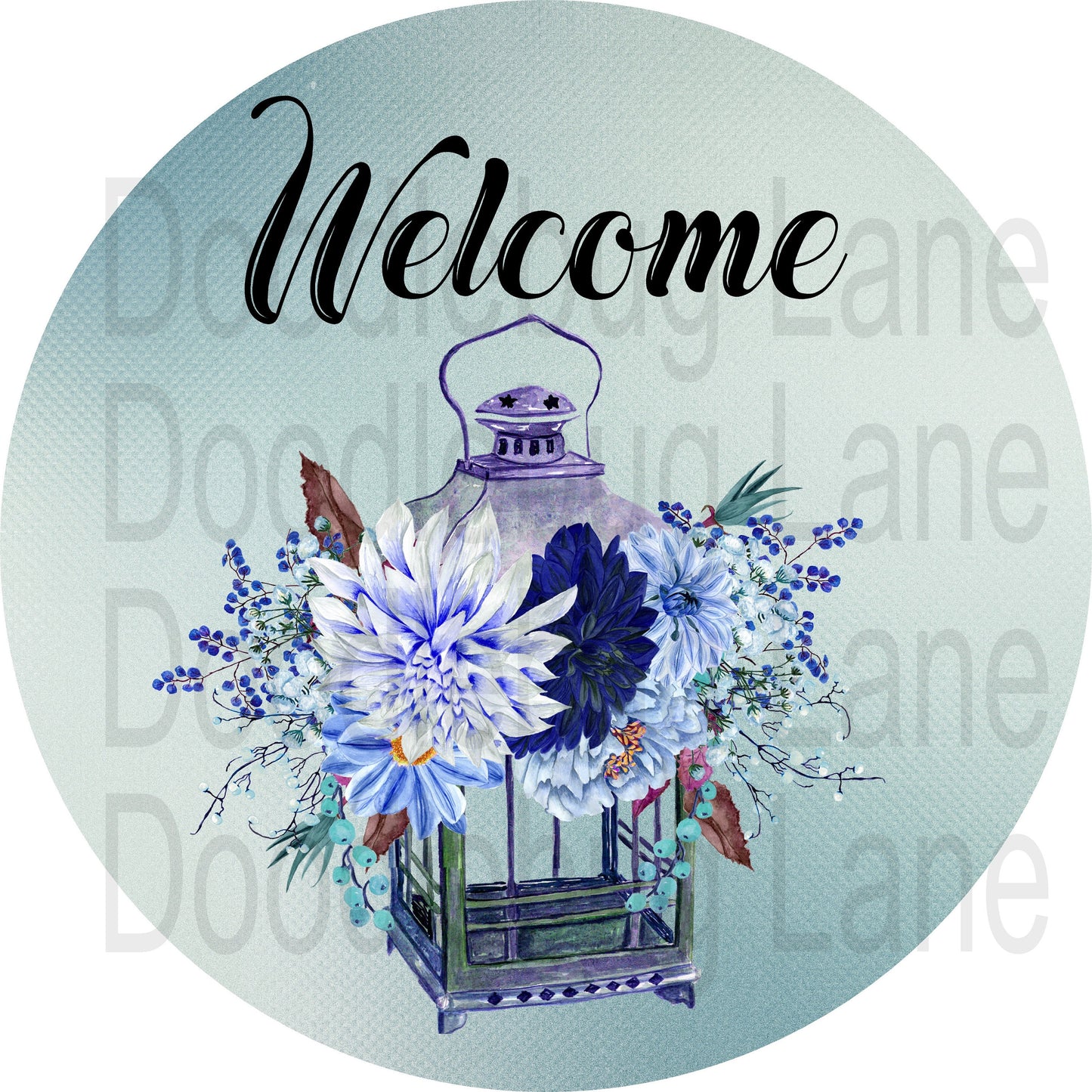 Welcome Wreath Sign - Welcome Sign - Blue Lantern - Round Sign - Metal Wreath Sign - Decorative Lantern